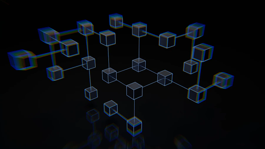 Composição abstrata em tons escuros com fluxo de dados luminosos